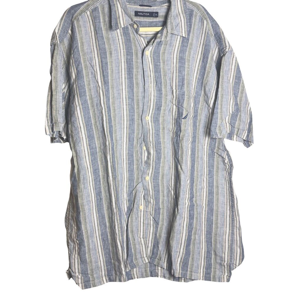 100% Linen Nautica Shirt Men's XXL Blue Striped Short Sleeve Beach Resort Casual